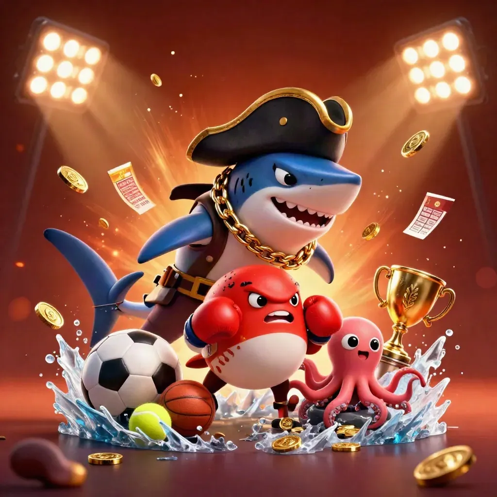 Pirate shark, boxing pufferfish, and juggling octopus amid flying balls, coins, and stadium lights.