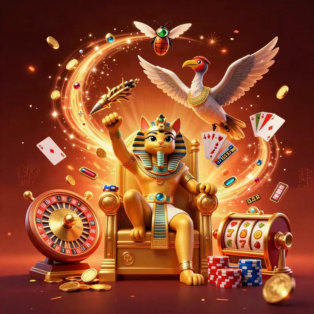 Pharaoh cat, ibis scribe, and gem-wing scarabs amid coins, cards, chips, and glowing slot reels.