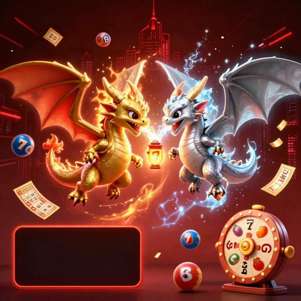 Gold and silver dragons swirl with fire and ice above casino symbols and neon energy.