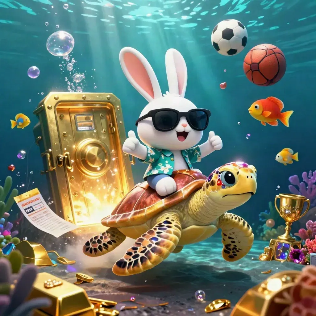 Lucky rabbit rides a jeweled turtle underwater with gold, sports balls, and casino glow.