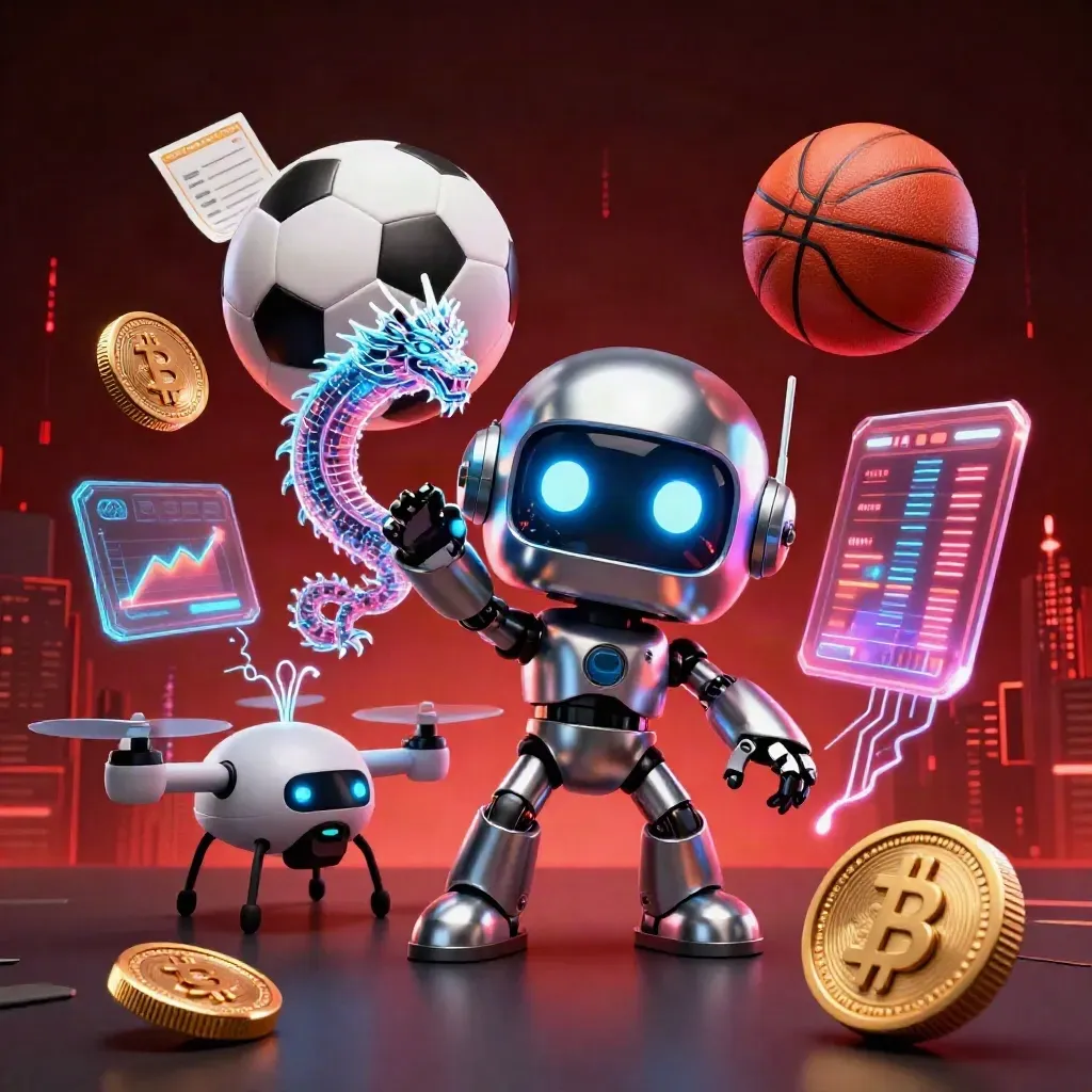 Cyberpunk robot, holographic dragon and drone amid sports balls, coins and electric casino light.