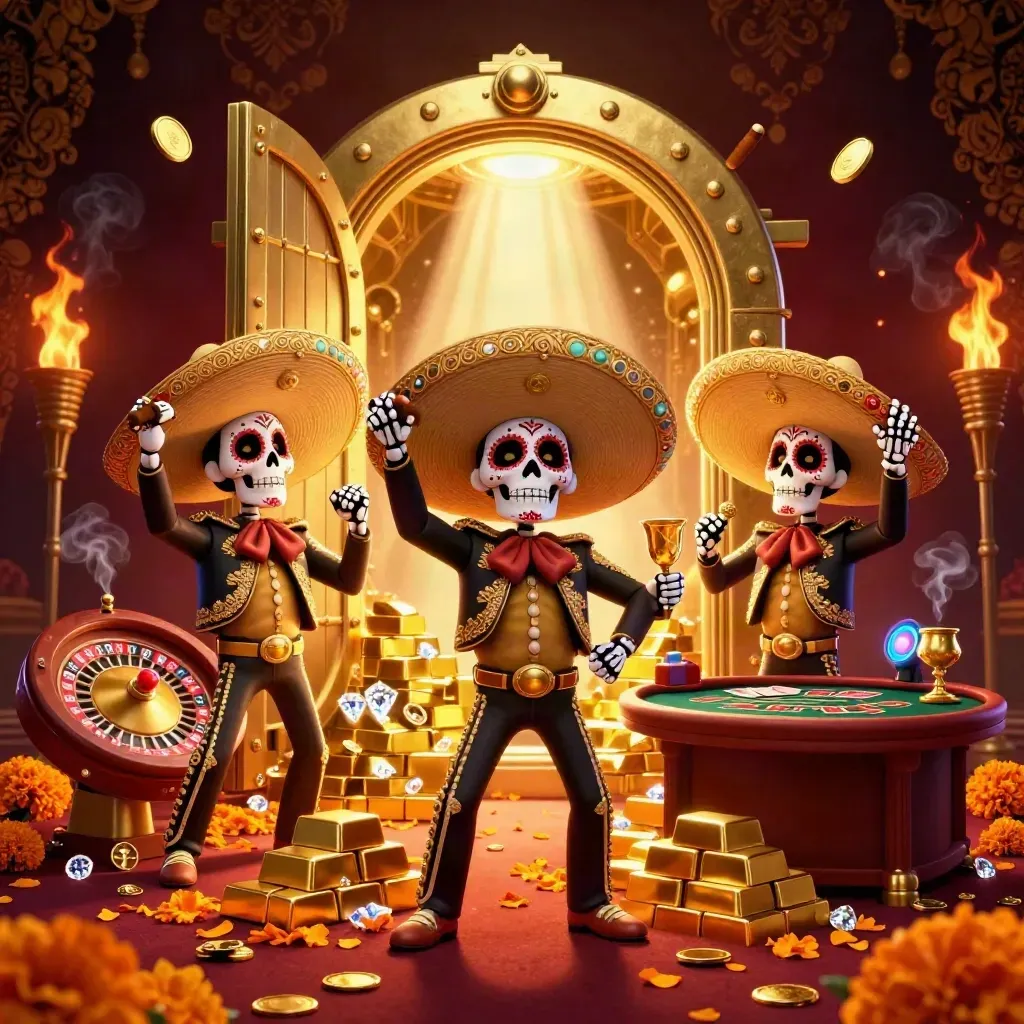 Skeleton mariachi trio in a glowing vault room with gold, gems, roulette wheel, and smoky chandeliers.