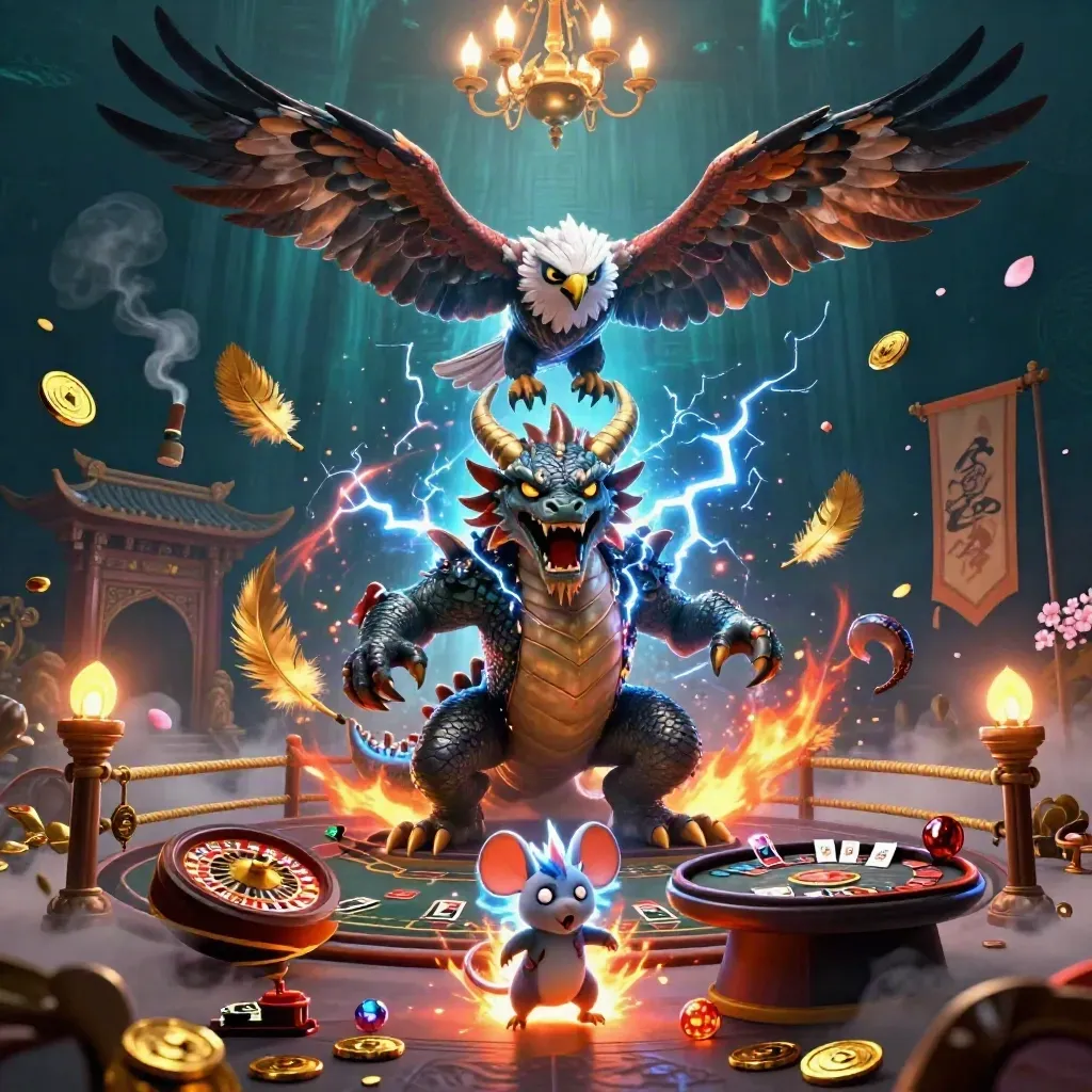 Thunder dragon, wind hawk, and thunder-mouse in a luxe casino scene with teal god rays.