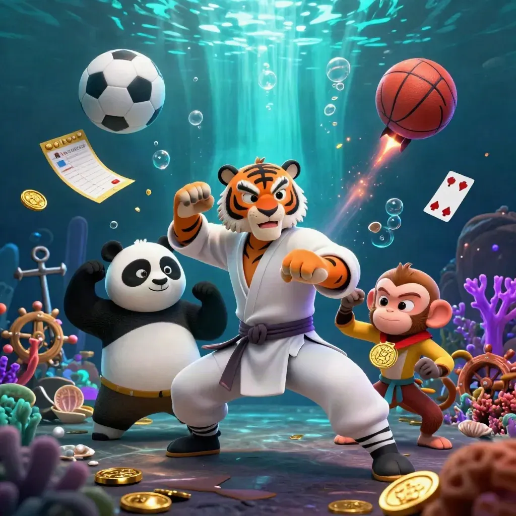 Tiger, panda, and monkey in an underwater treasure cove with coins, balls, and glowing coral.