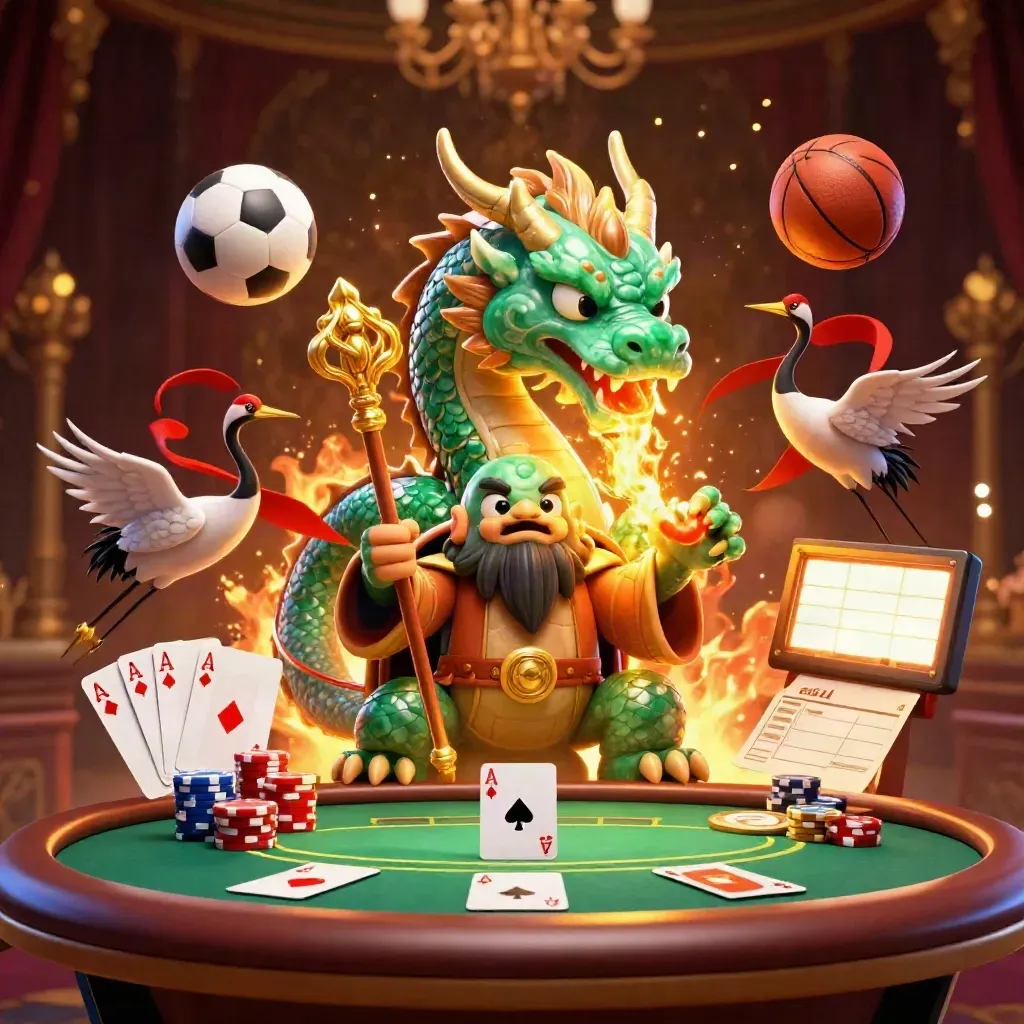 Jade dragon, turtle sage, and cranes amid casino chips, cards, and sports balls in golden fire.