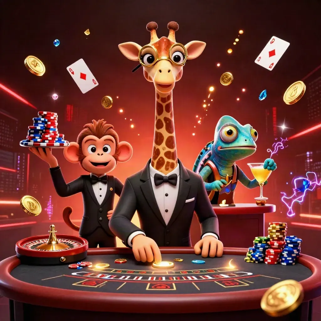 Luxe casino scene with giraffe, monkey valet, and chameleon bartender amid coins and cards