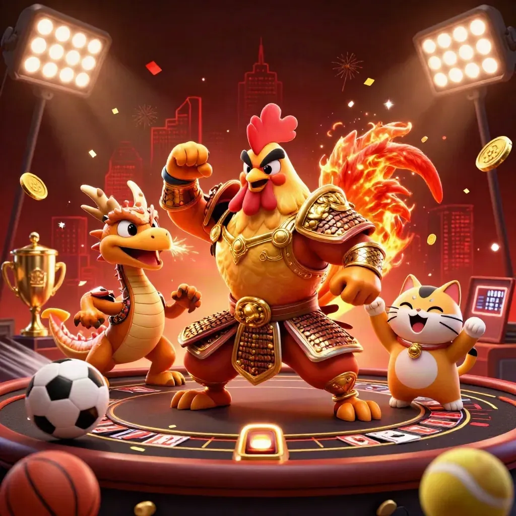 Rooster warrior, dragon hatchling, and fortune cat amid casino props, coins, sparks, and a spinning wheel