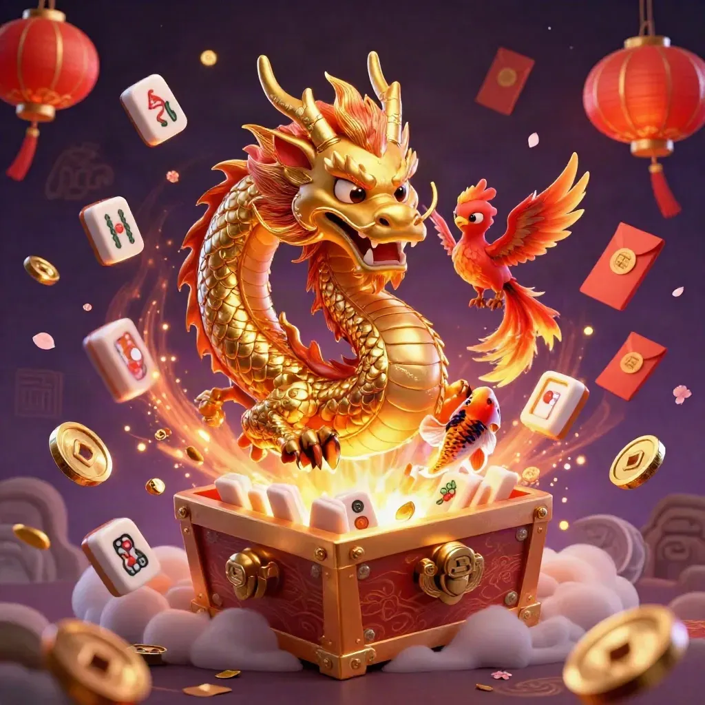 Golden dragon, red phoenix, and koi bursting from a treasure chest amid casino trinkets.