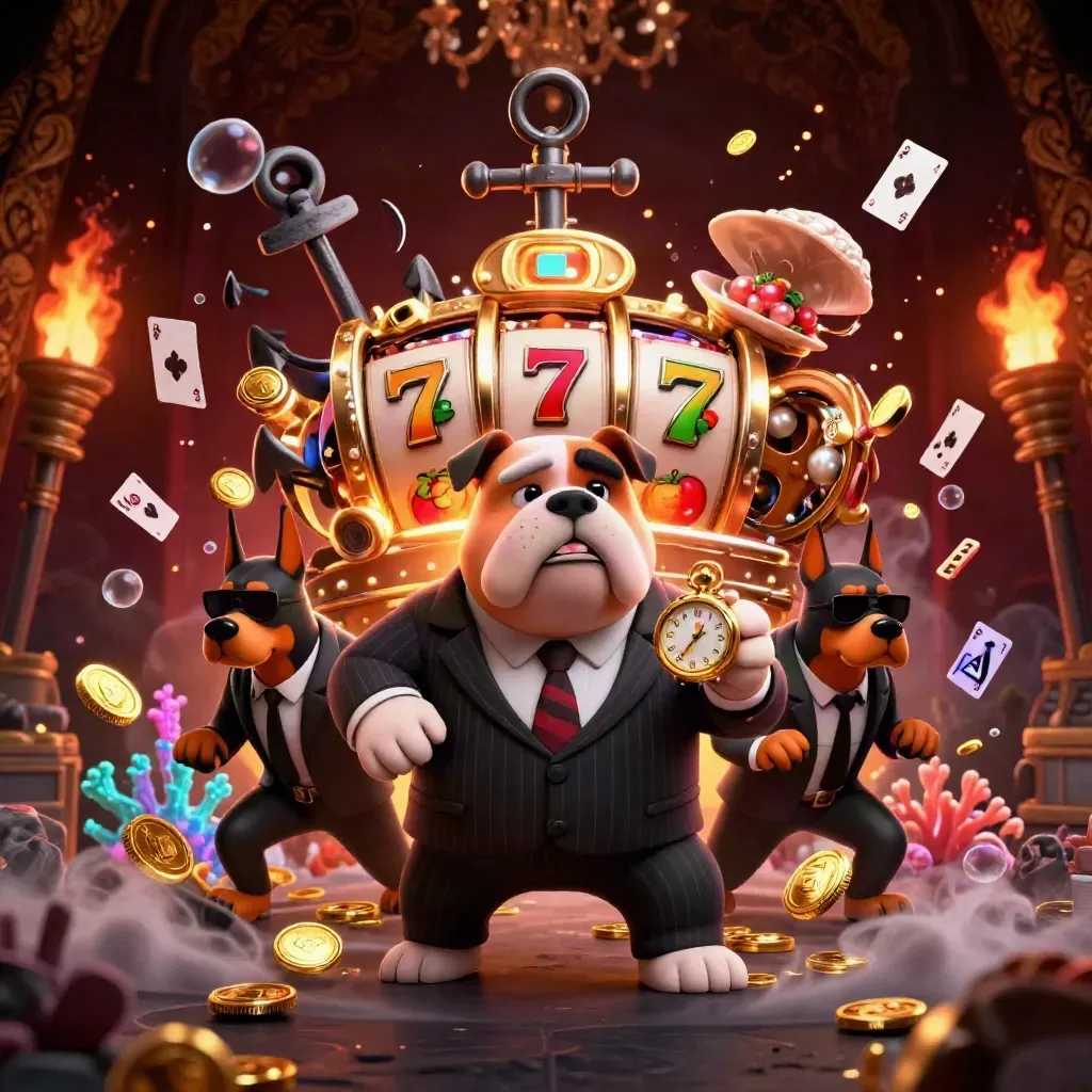 Cartoon bulldog mob boss with two Dobermans in a treasure cove of coins, coral, cards, and glowing reels