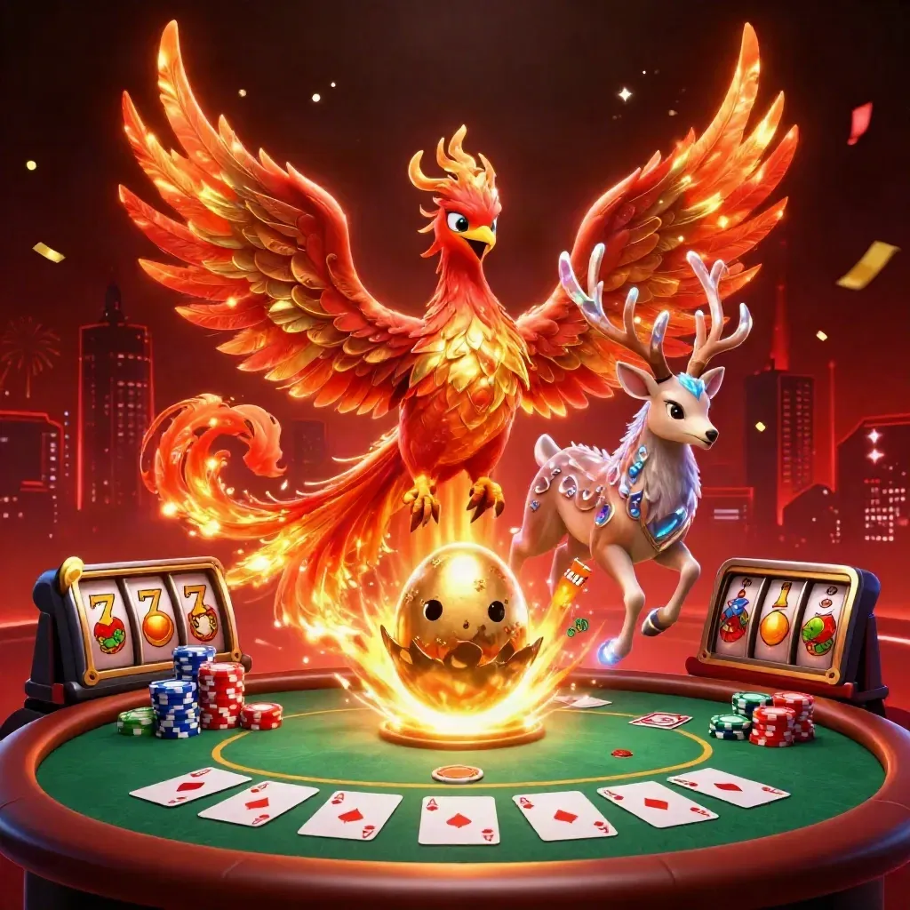 Phoenix, hatchling, and stag amid casino props, red-gold energy, and dark neon glow.