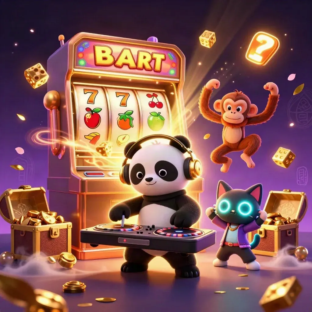 DJ panda, dancing monkey, and glow-stick kitten with bursting slot machine, gold, and neon effects