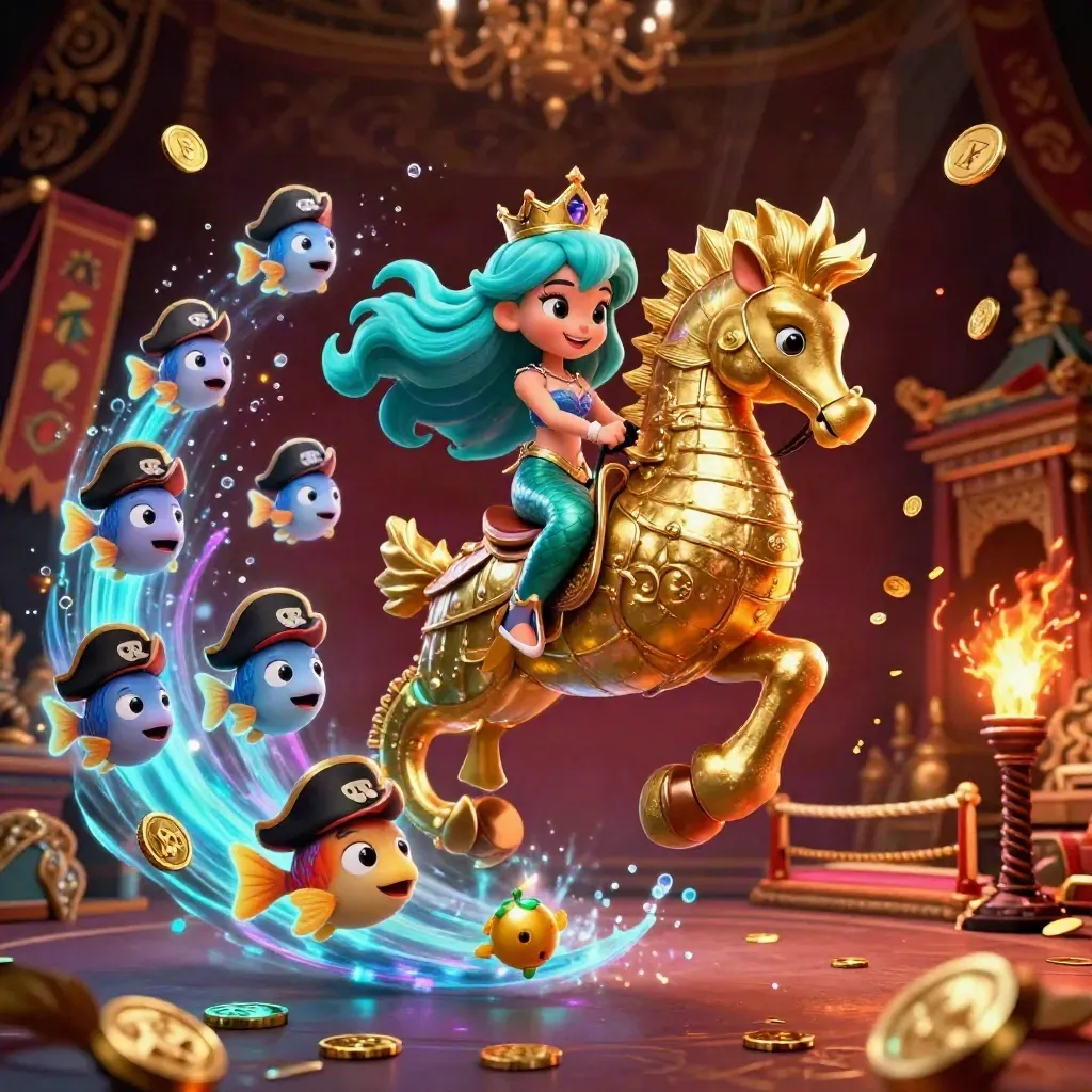 Mermaid princess rides a golden seahorse amid pirate fish, coins, temple gates, and casino glow.