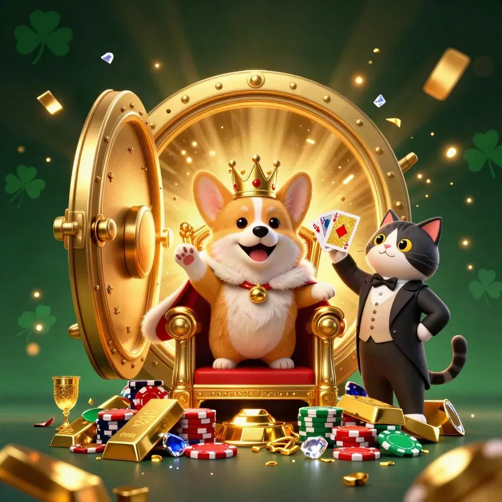 Crowned royal corgi and cat butler explode treasure from a vault in emerald-black casino glow.