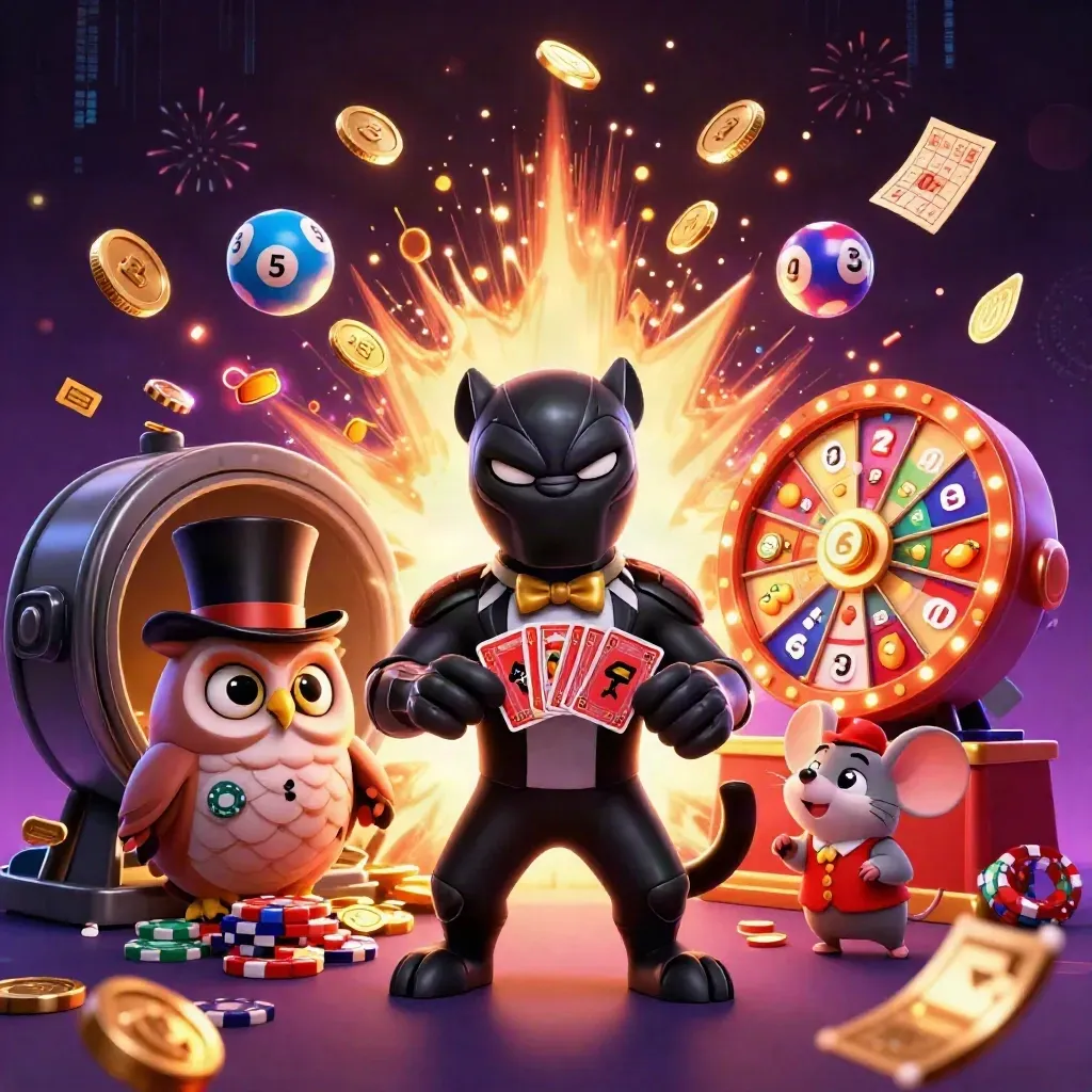 Panther, owl, and mouse amid coins, reels, fireworks, and neon casino energy.