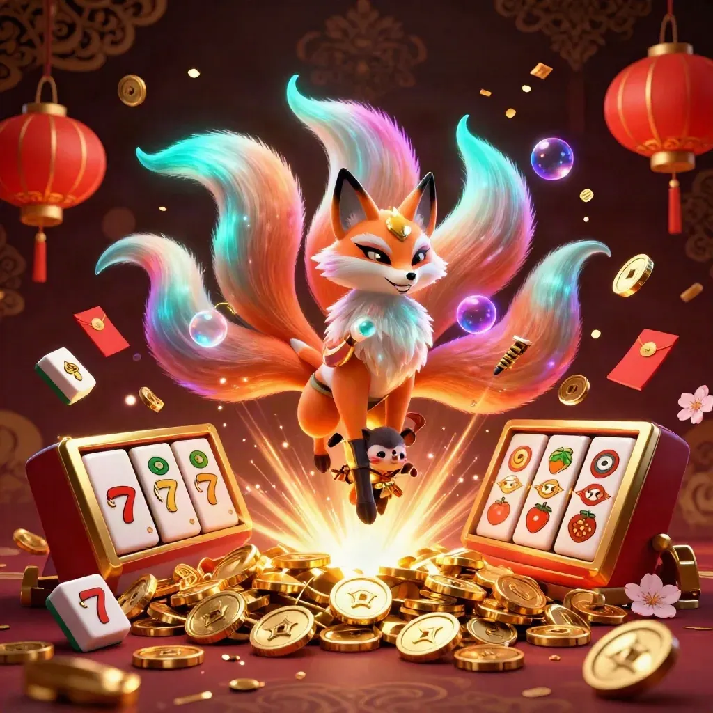 Neon fox spirit and armored mouse amid coins, lanterns, and fireworks in a dark casino vault