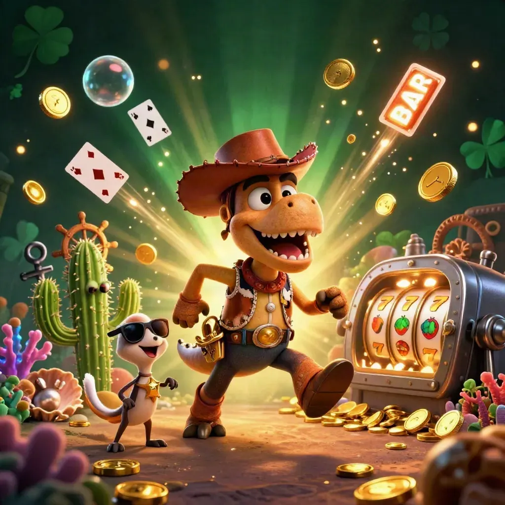 Cowboy T-Rex, cactus sidekick, and sheriff roadrunner amid casino treasure, coin showers, and fireworks.