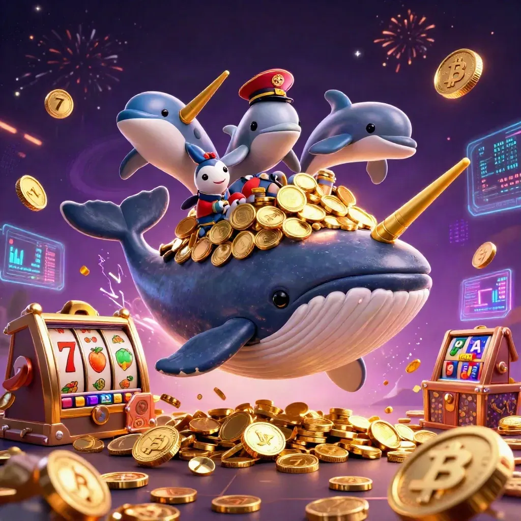 Whale captain, narwhal and dolphins burst through coins with neon casino effects.