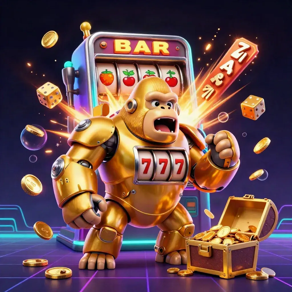 Golden gorilla mech and tiny monkey pilot exploding with jackpots, coins, reels and treasure in neon dark.