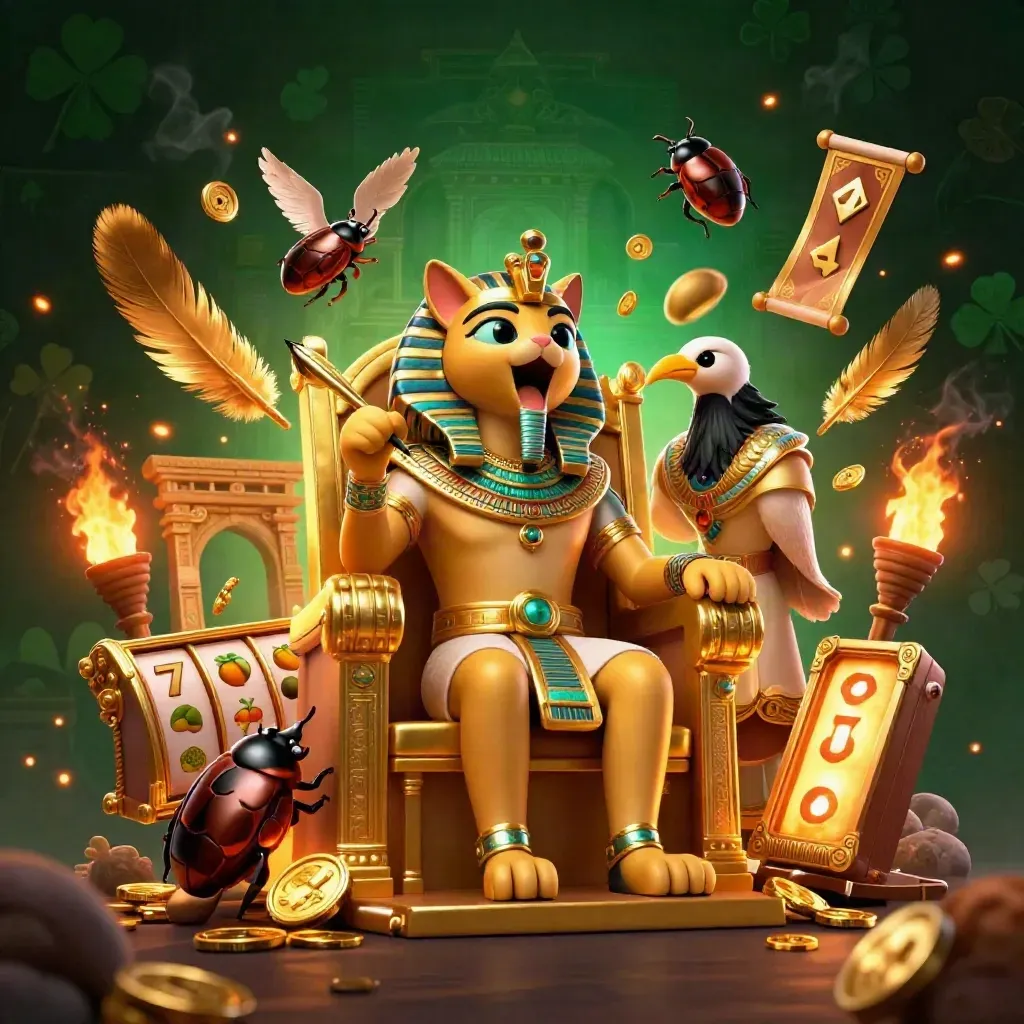 Pharaoh cat, ibis scribe, and gem-wing scarabs amid casino relics and glowing embers.