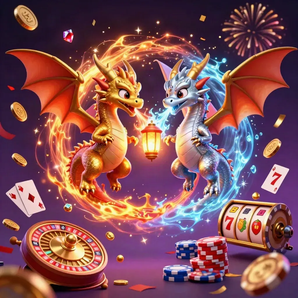 Gold and silver dragons swirl around a lantern spirit in a casino fantasy burst.
