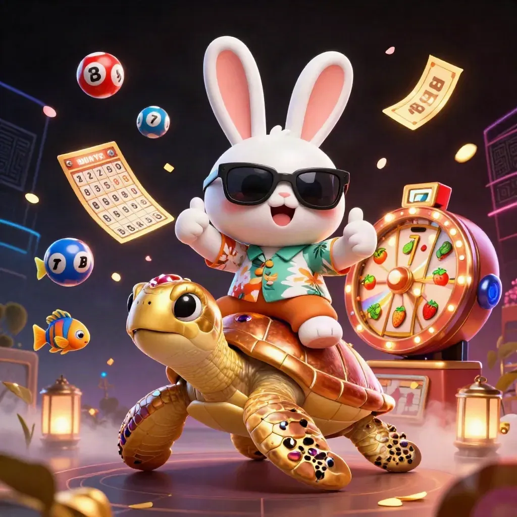 Lucky rabbit on a golden sea turtle with casino symbols swirling in a dark neon scene
