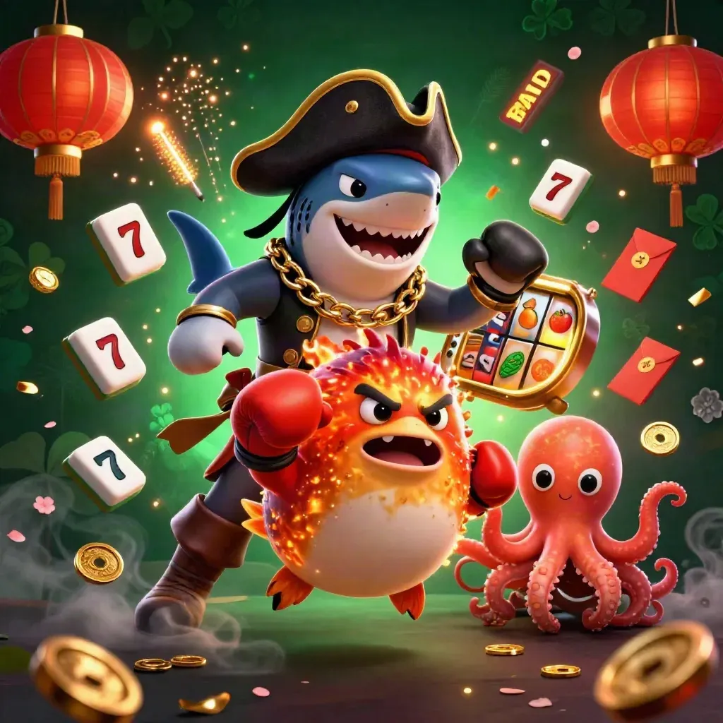 Pirate shark, boxing pufferfish, and juggling octopus amid casino coins and lanterns.