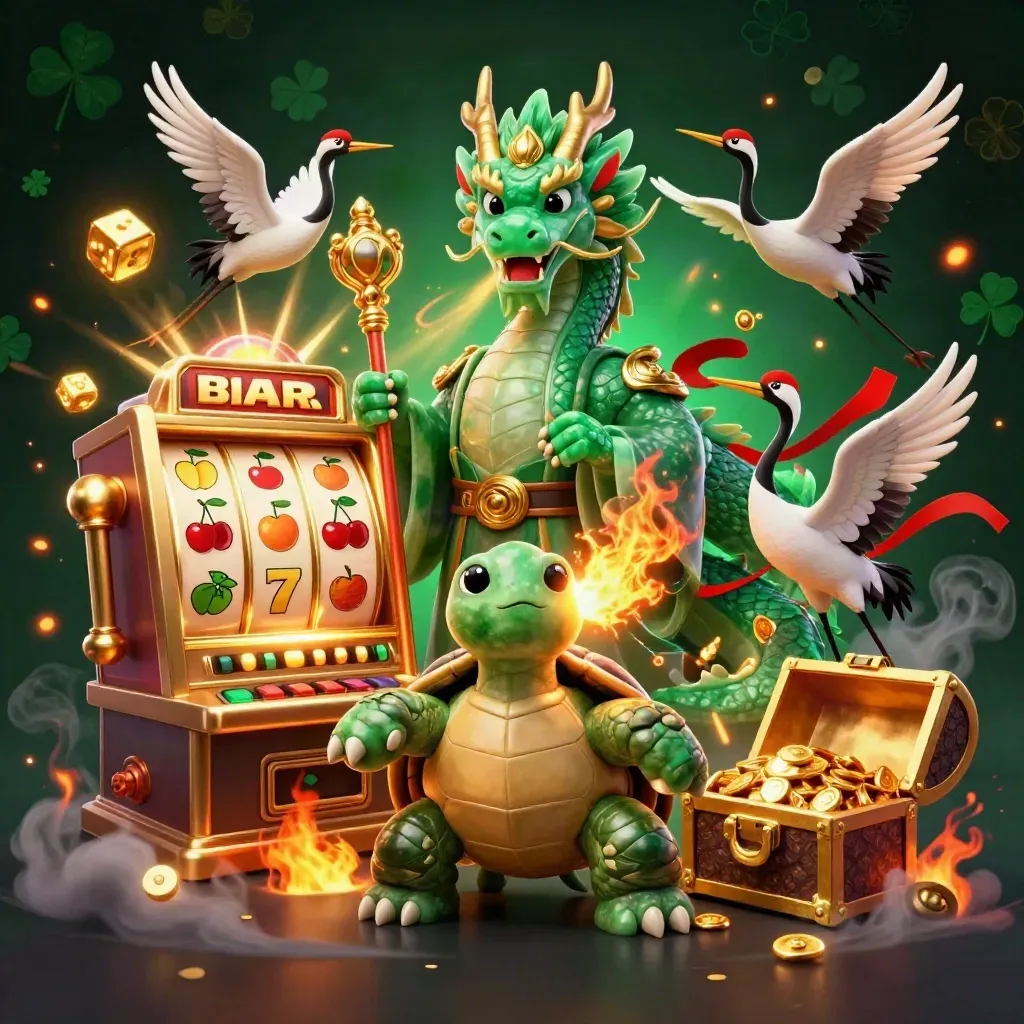 Dragon, turtle sage, and cranes amid jackpot slots, gold fire, and casino symbols