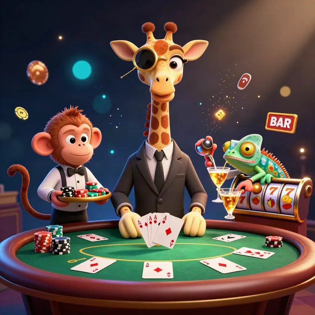 Giraffe high roller, monkey valet, and chameleon bartender around a glowing VIP poker table.