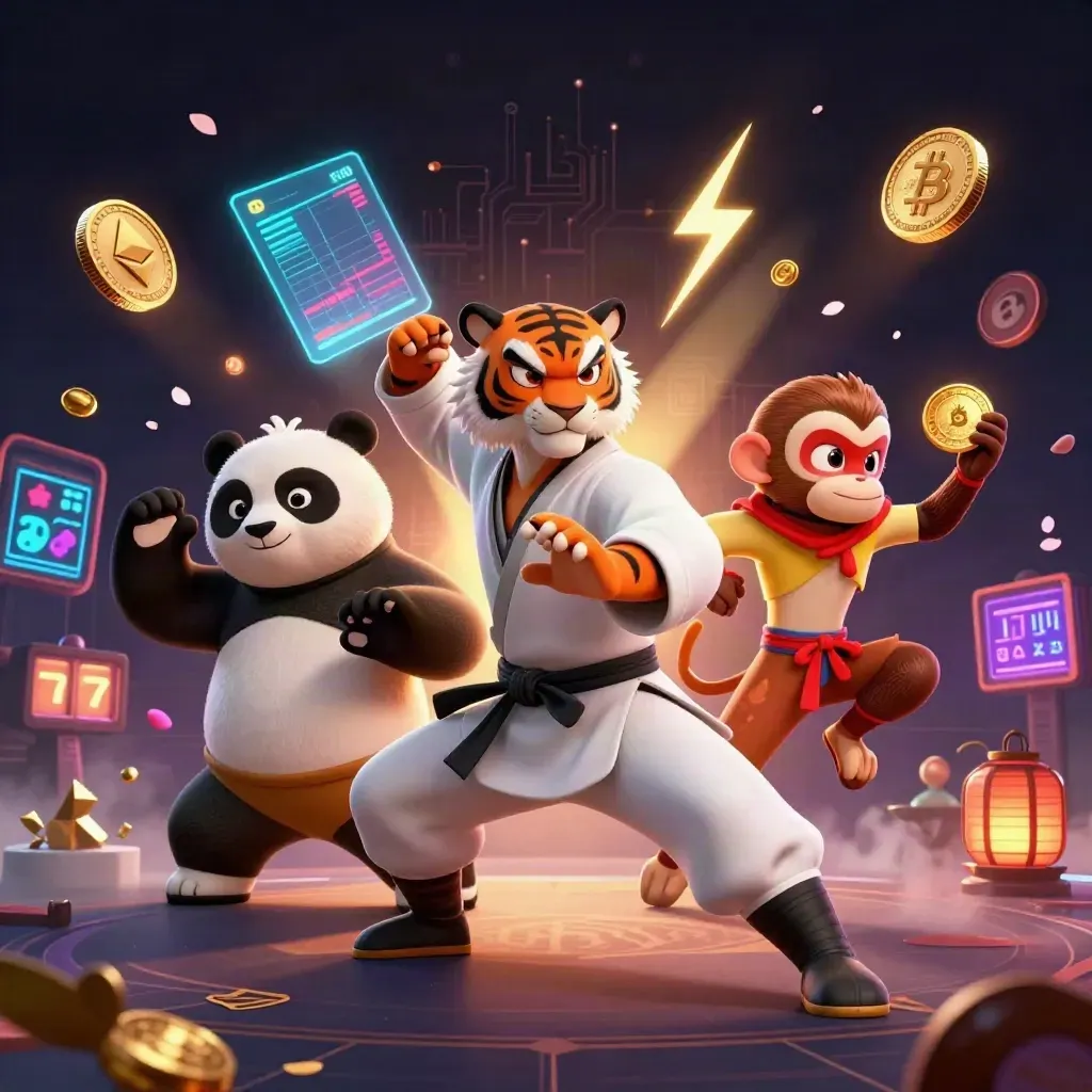 Kung-fu tiger, panda, and monkey amid casino coins, reels, lightning, and glowing runes.